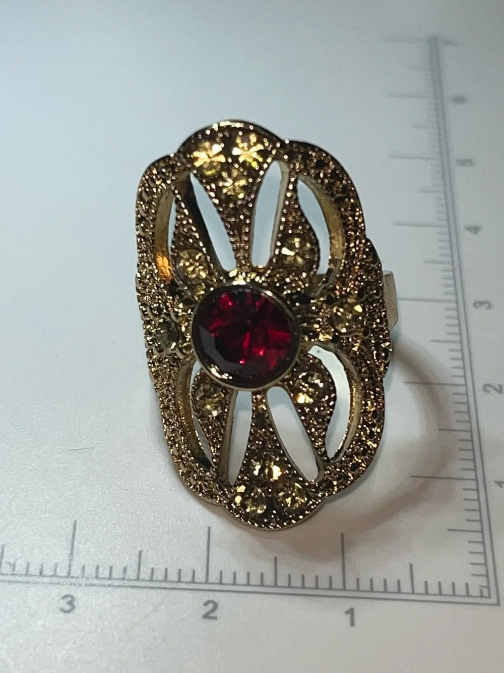 Vintage Gold Tone Statement Ring Red Crystal Rhinestone Cocktail Ring Size 8.25